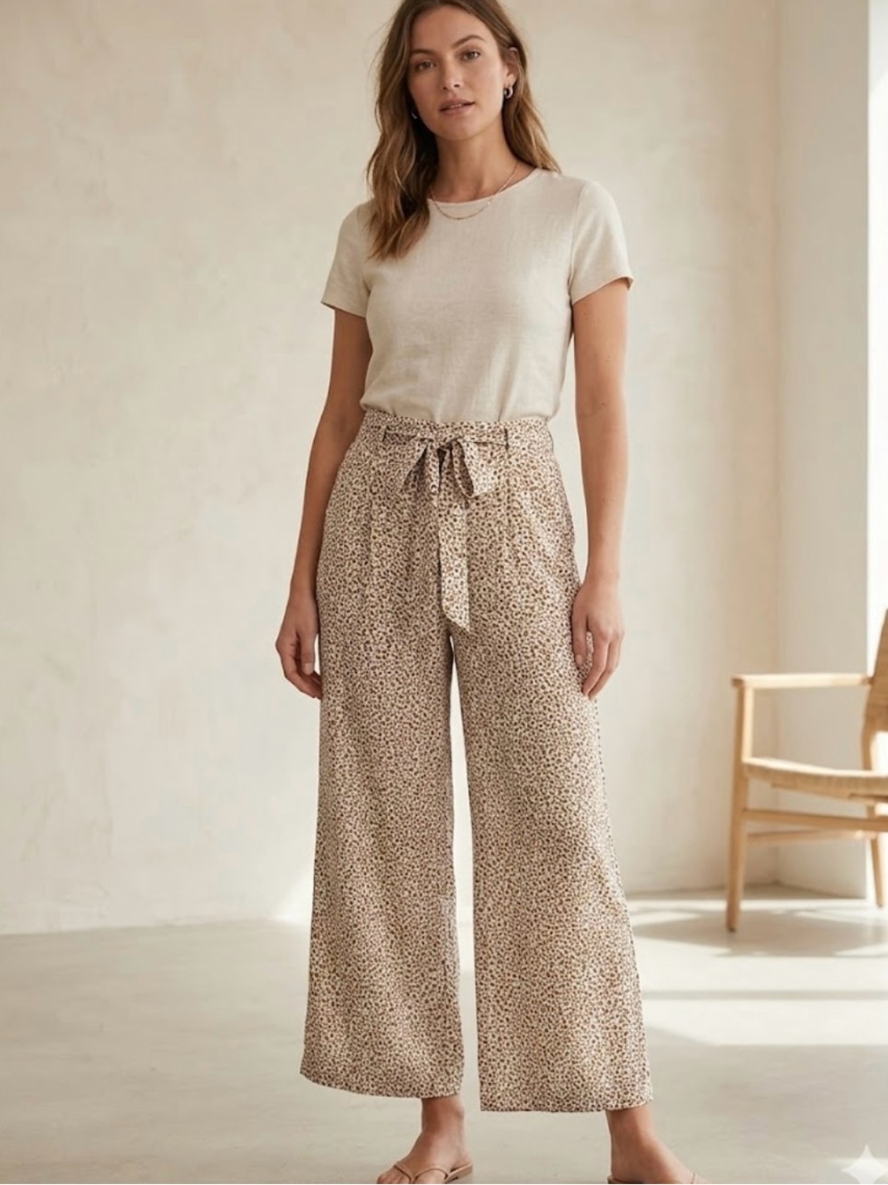 Wilfred Beige Speckled Wide-Leg Tie-Waist Pants